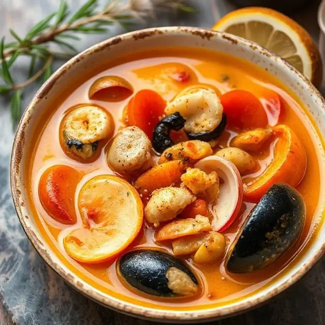 A vibrant saffron-coloured Bouillabaisse soup with assorted seafood