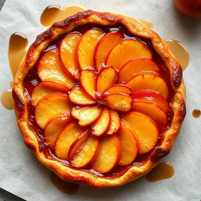A gleaming caramelized Tarte Tatin with perfectly arranged apples