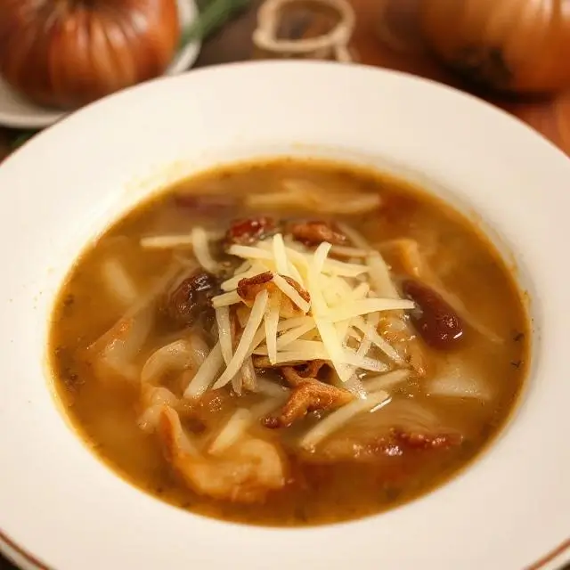 A steaming bowl of French Onion Soup with melted Gruyère cheese