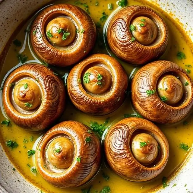 Six escargots baked in garlic-parsley butter in a traditional dish