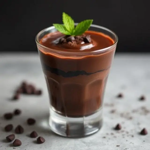 A rich dark chocolate mousse in a glass